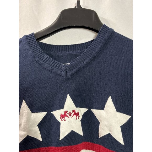 Equine Couture XL Stars & Stripes Sweater Navy Blue White Red Embroidered Horses - Picture 2 of 6